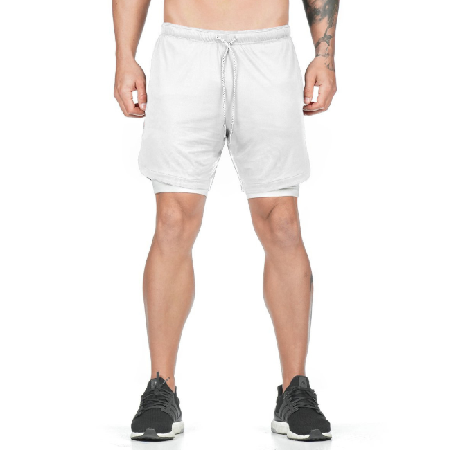 A man wearing white color ATHX DualSport Fitness Shorts a product from mensathletix the best Men athletic shorts Gym shorts Mens running shorts Crossfit shorts Sports shorts sports shorts for Men gym shorts