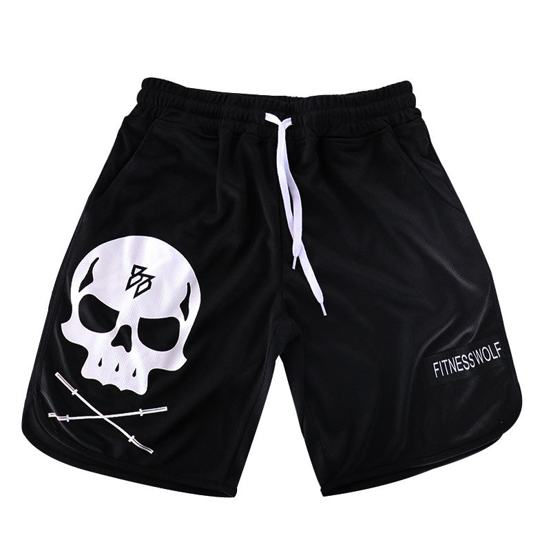 A man wearing black color Fitness Brothers Skull Personality Five-point Shorts a product from mensathletix the best Men athletic shorts Gym shorts Mens running shorts Crossfit shorts Sports shorts sports shorts for men  gym shorts