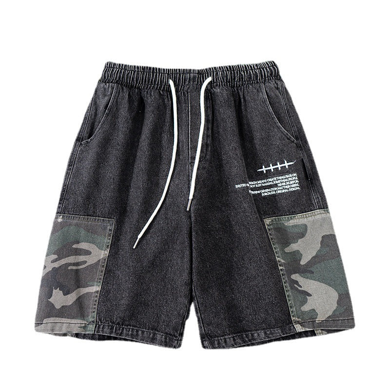 A black with camou color Camouflage Stitching Denim Overalls Shorts Men's a product from mensathletix the best Men athletic shorts Gym shorts Mens running shorts Crossfit shorts Sports shorts sports shorts for men gym shorts