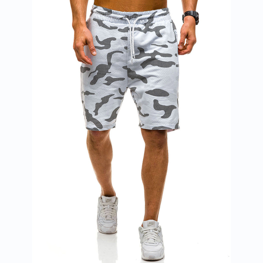 A man wearing white camou color Camouflage lace-up shorts five minutes pants a product from mensathletix the best Men athletic shorts Gym shorts Mens running shorts Crossfit shorts Sports shorts sports shorts for men gym shorts